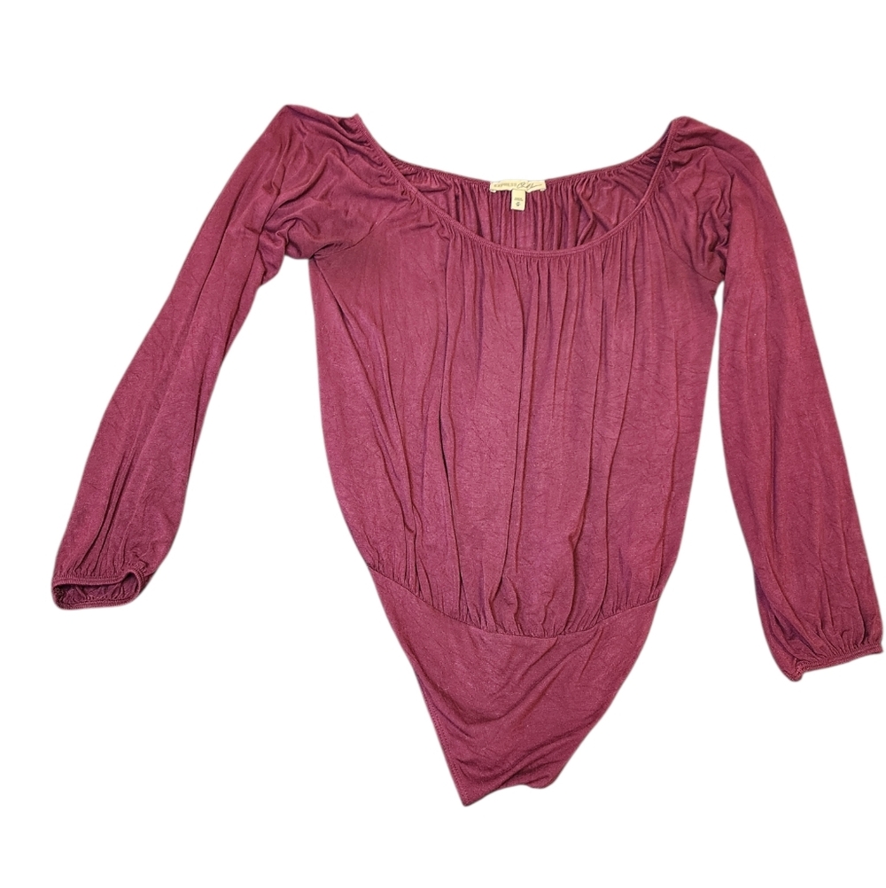 Express x Chris Eloise Bodysuit Medium Burgundy Ruched Long Sleeve Off Shoulder